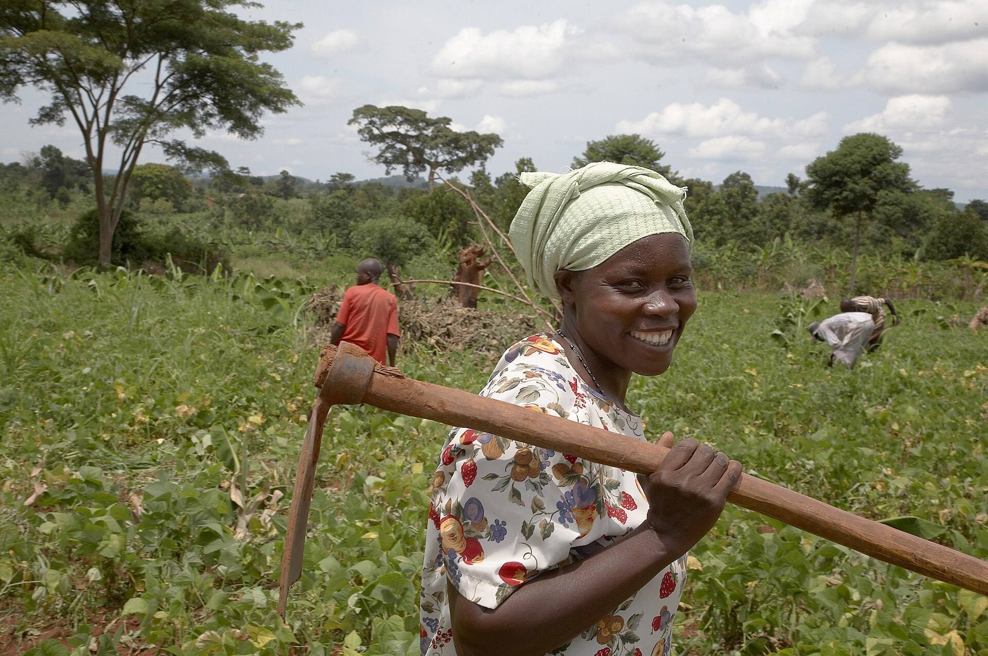 A smiling woman farmer with a hoe resting on her shoulder, standing in a green field